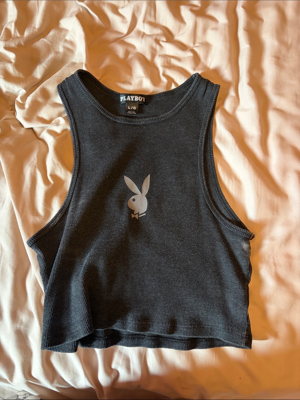 PLAYBOY Black Ribbed Crop Tank with Bunny Logo